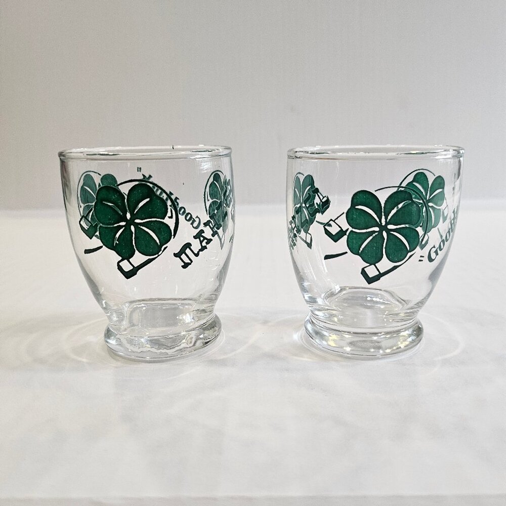 Pair of 1950s Irish Green Graphic Horseshoe and Shamrock Clear Glasses